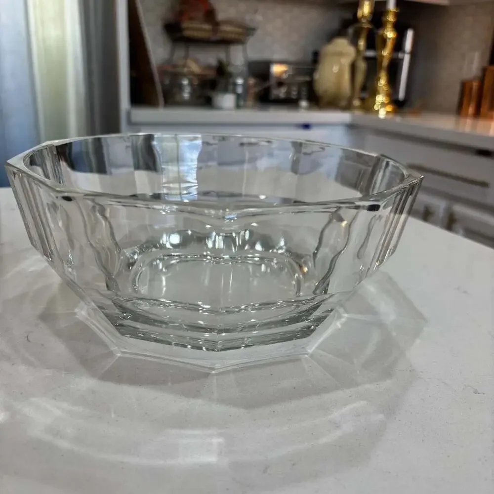 Vintage Clear Glass Decagon Faceted Serving Bowl, Made in Italy 9”